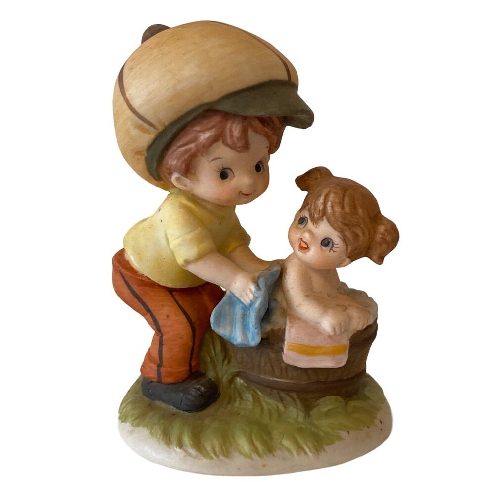 Figurine Boy Cap Bathing Little Girl Barrel Tub Statue Decor Vintage